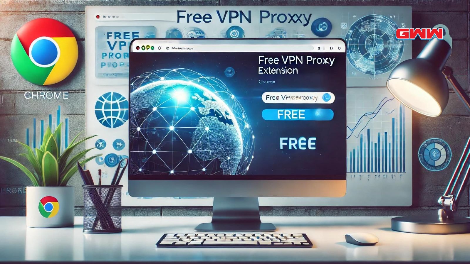 A wide image of a computer screen with the Chrome browser open to the Chrome Web Store, showcasing a free VPN proxy extension prominently