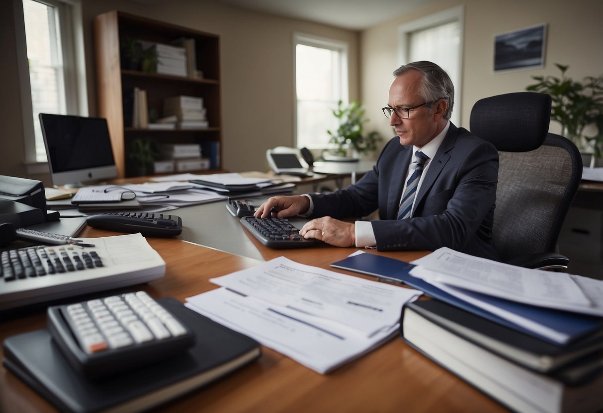 A busy property manager at a desk, surrounded by files and a computer, with a calculator and paperwork in hand, managing various properties