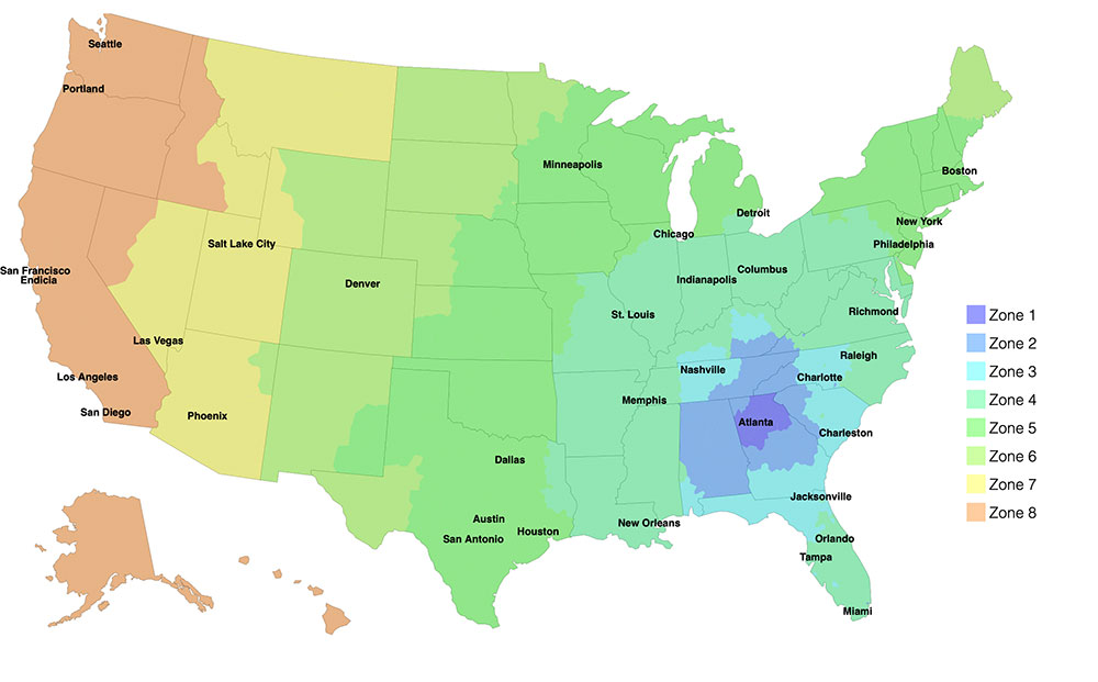 "FedEx, UPS and USPS Shipping Zones" map of United States