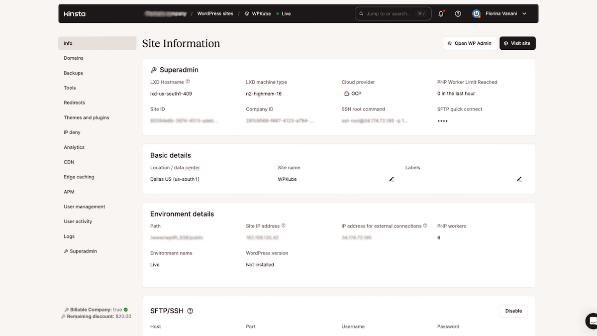 Kinsta’s Site Information screen.