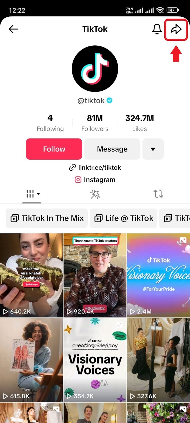 Mobile Screenshot of the official TikTok account on the TikTok app account with the share button highlighed.