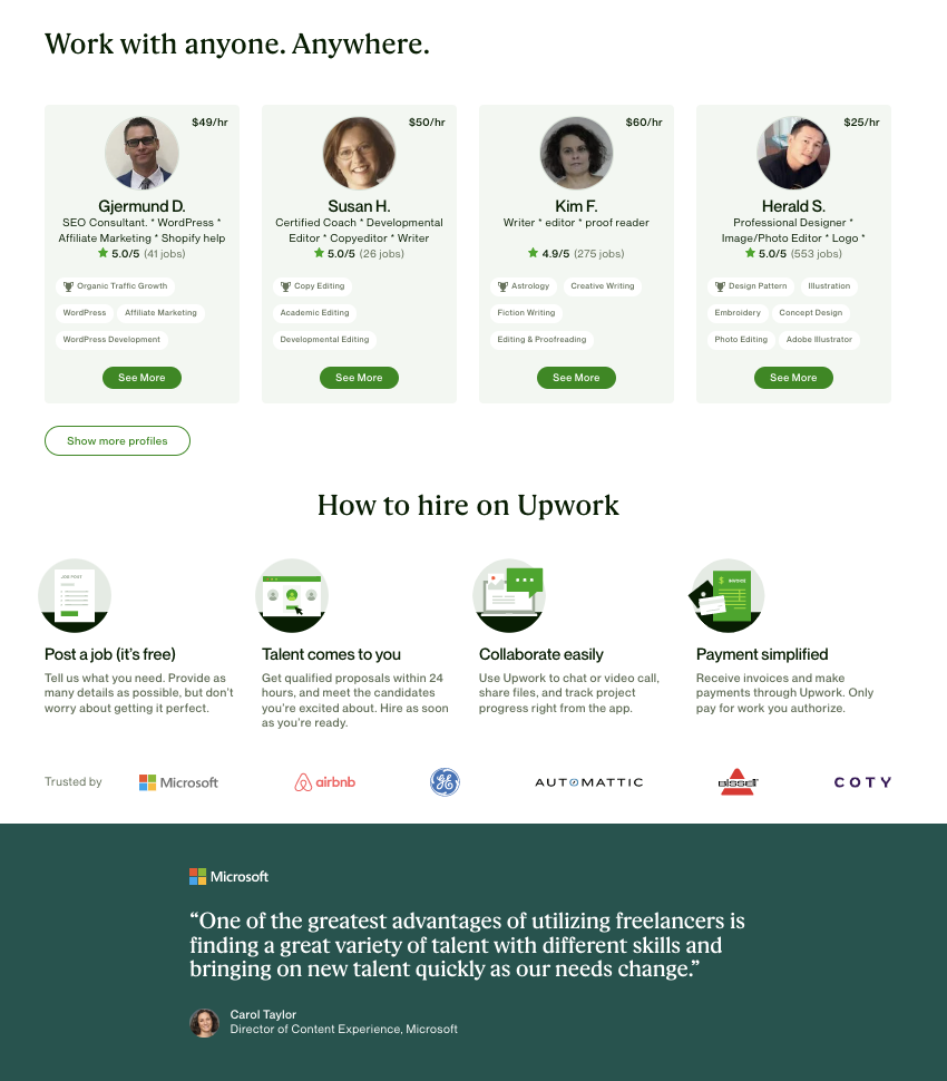 This image shows Upwork freelance landing page design.