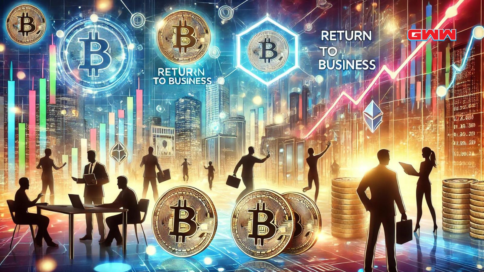 A vibrant scene depicting the return to business for a digital token market after a controversy is resolved