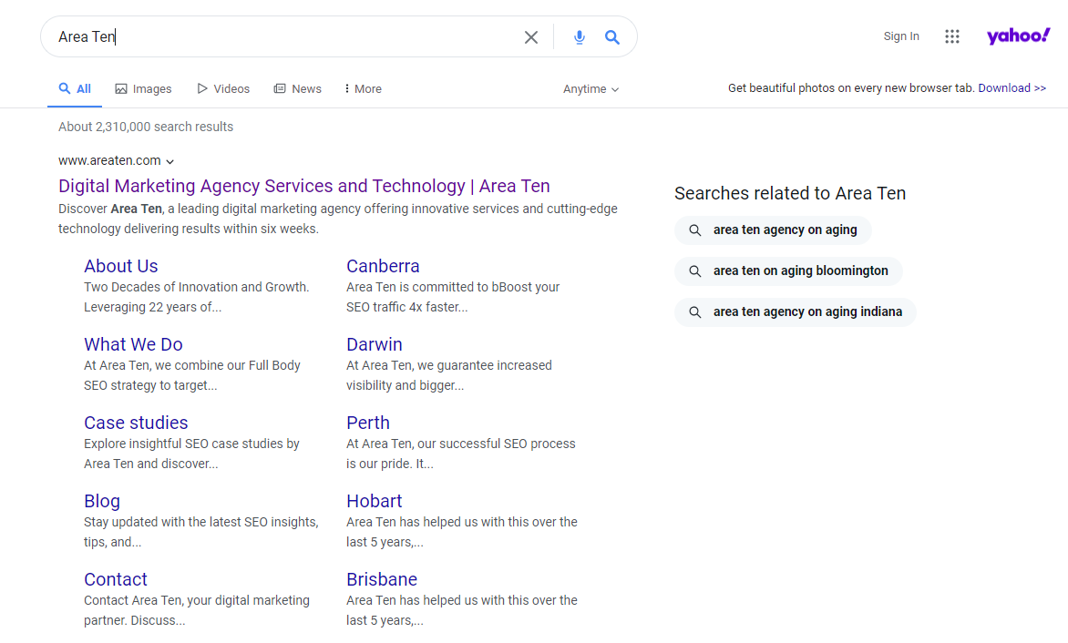 A screengrab from Yahoo!, a popular search engine.