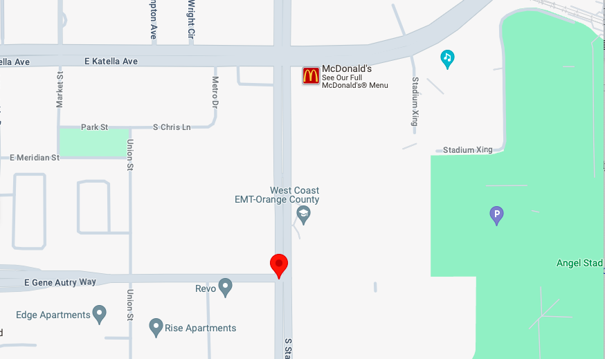 A screenshot of E Gene Autry Way and S State College Boulevard, one of the most dangerous Anaheim intersections.