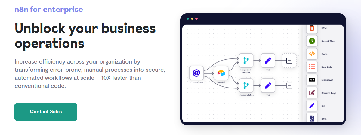 n8n – Workflow automation, AI integration, data processing, API orchestration