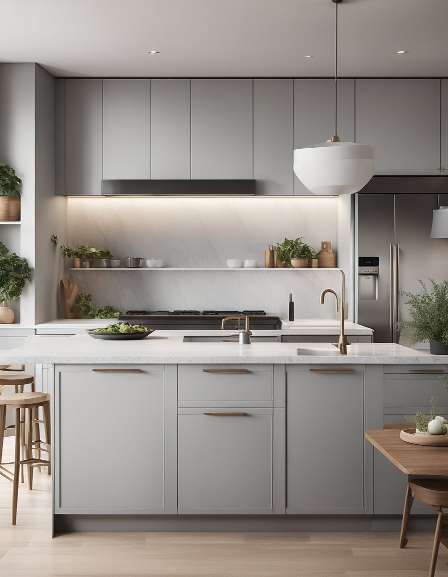 A modern kitchen with light gray cabinets, white countertops, and stainless steel appliances. The room is bright and clean with a minimalist aesthetic