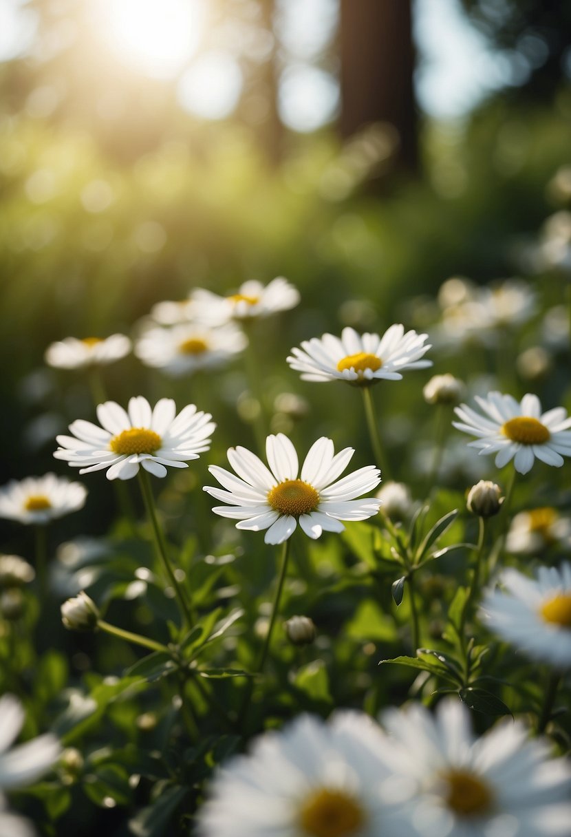 A field of Snow-in-Summer flowers, 31 in total, with delicate white petals and green leaves, set against a backdrop of lush greenery