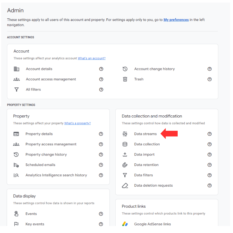 Under Data collection and modification section, click on Data streams on the Admin screen