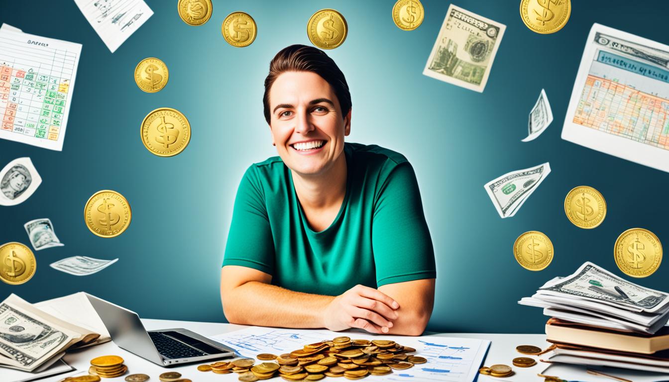 An image of a person sitting at a desk with a notebook and pen in front of them, surrounded by symbols of abundance such as coins, dollar bills, and gold. The person is smiling and looking content as they write down their daily financial routine, which includes setting financial goals, tracking expenses, and investing in themselves. The desk is well organized and clean, with a plant or other natural element nearby to represent growth and prosperity. In the background, there is a window with natural light coming through, symbolizing clarity and abundance.