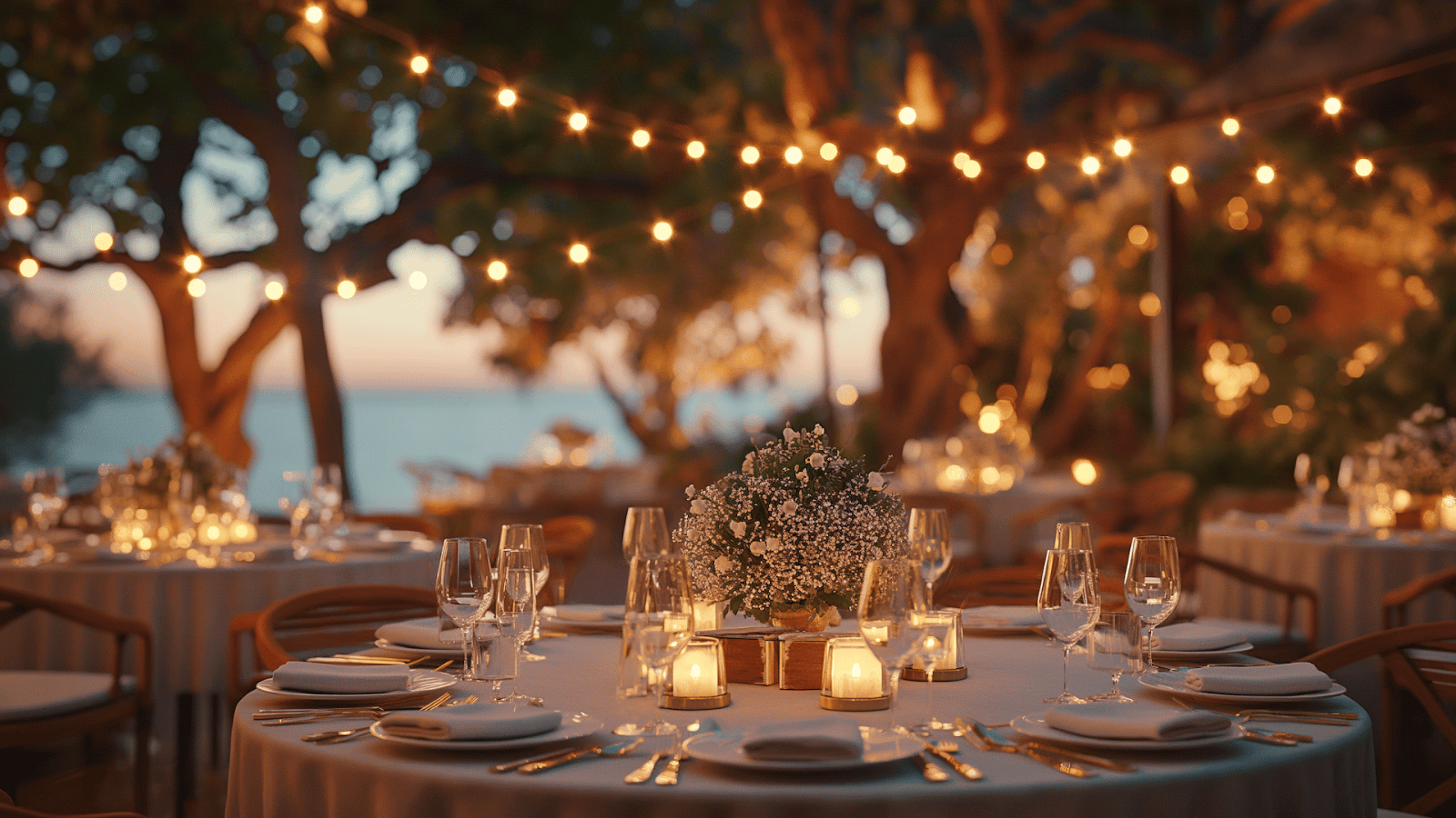 An elegant outdoor wedding reception under string lights and trees in Palmetto Dunes