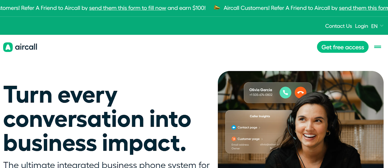 Aircall website snapshot highlighting the services it offers.