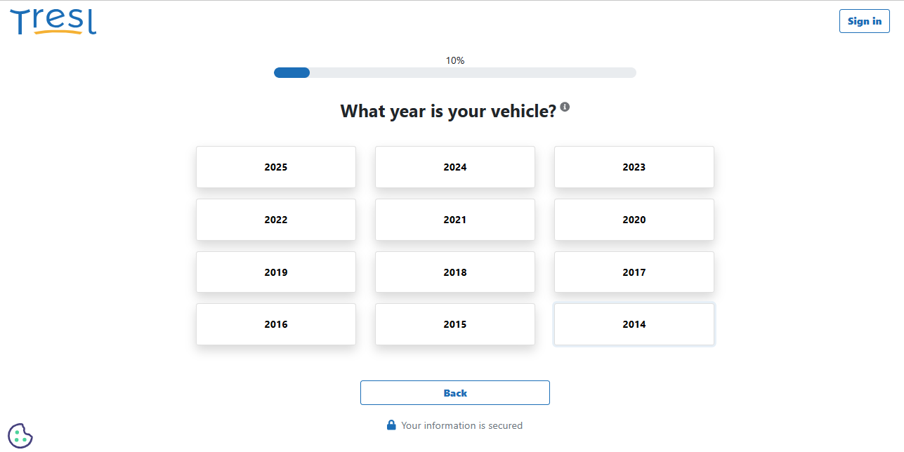 A screenshot of a computer screen showing Tresl's refinancing signup with vehicle year selection