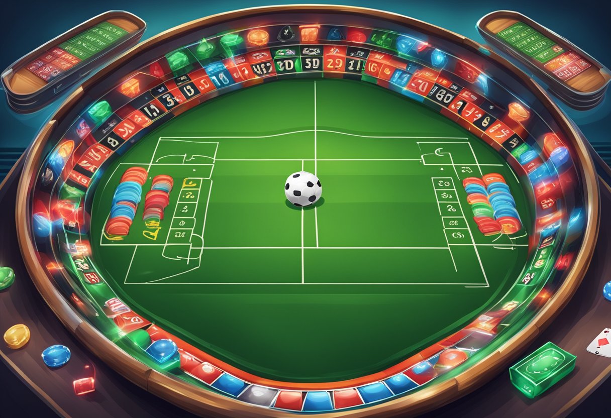 A sports field with online casino logos transforming into game equipment