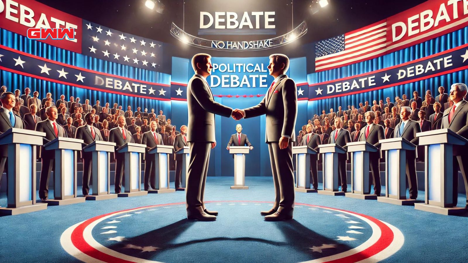 A tense political debate scene on a stage with podiums