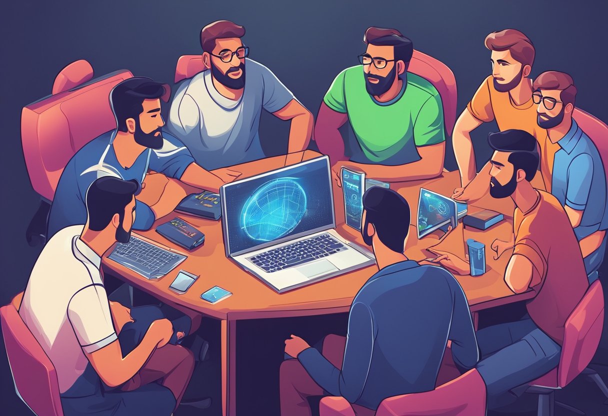 A group of soccer fans are gathered around a computer, learning and discussing responsible gaming strategies for online casinos