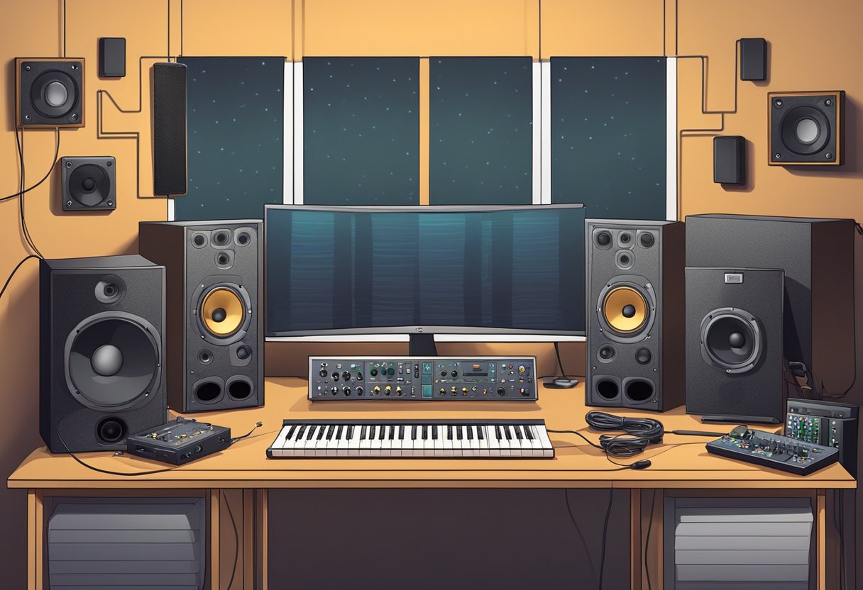 um setup de home studio com um computador interfaces de audio, controlador midi e monitores de referencia