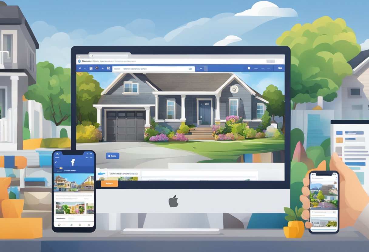 A vibrant Facebook feed with eye-catching real estate listings, interactive polls, and engaging videos. Posts are strategically scheduled for maximum visibility