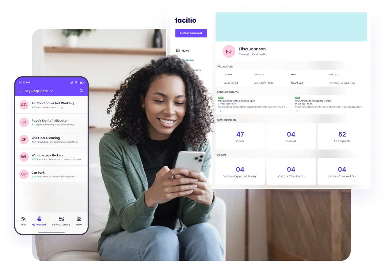 Facilio's tenant portal that makes it easy for tenants/occupants to raise & track maintenance service requests 