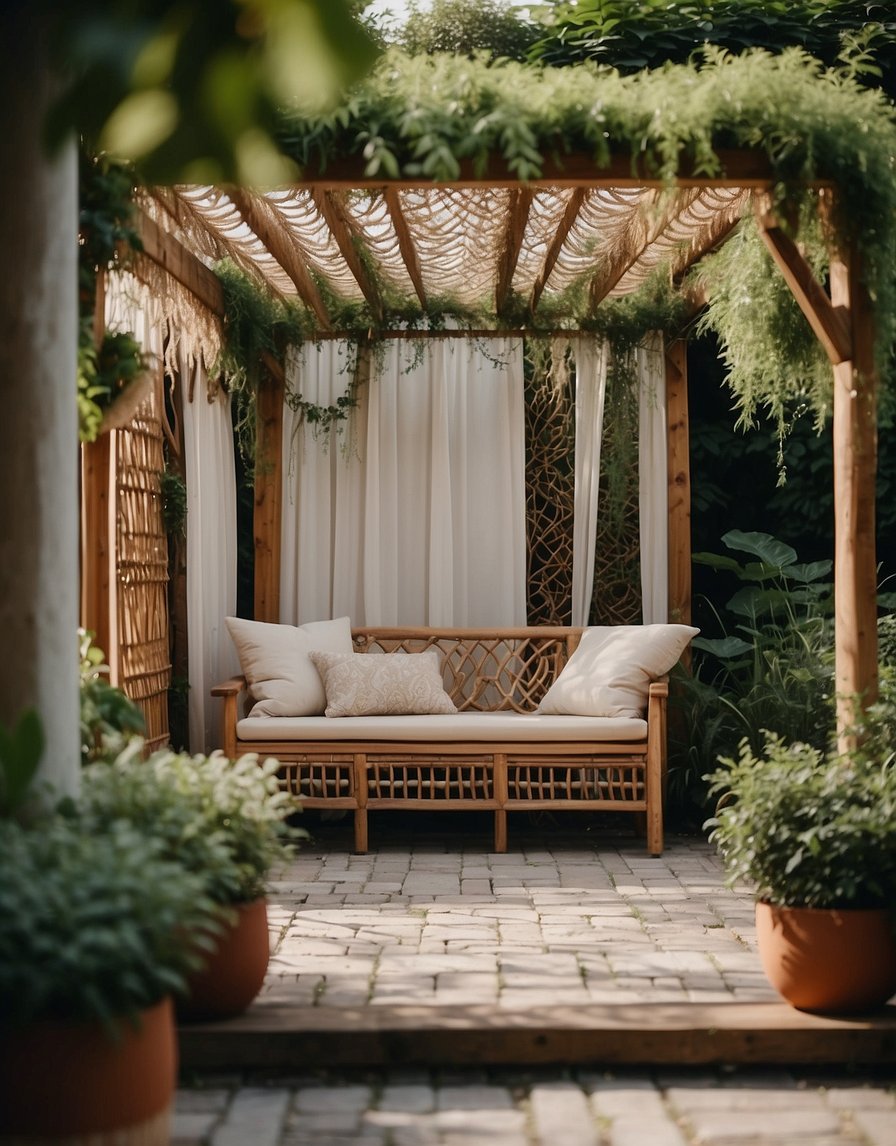 A boho chic pergola adorned with macramé decor, surrounded by lush greenery and cozy seating