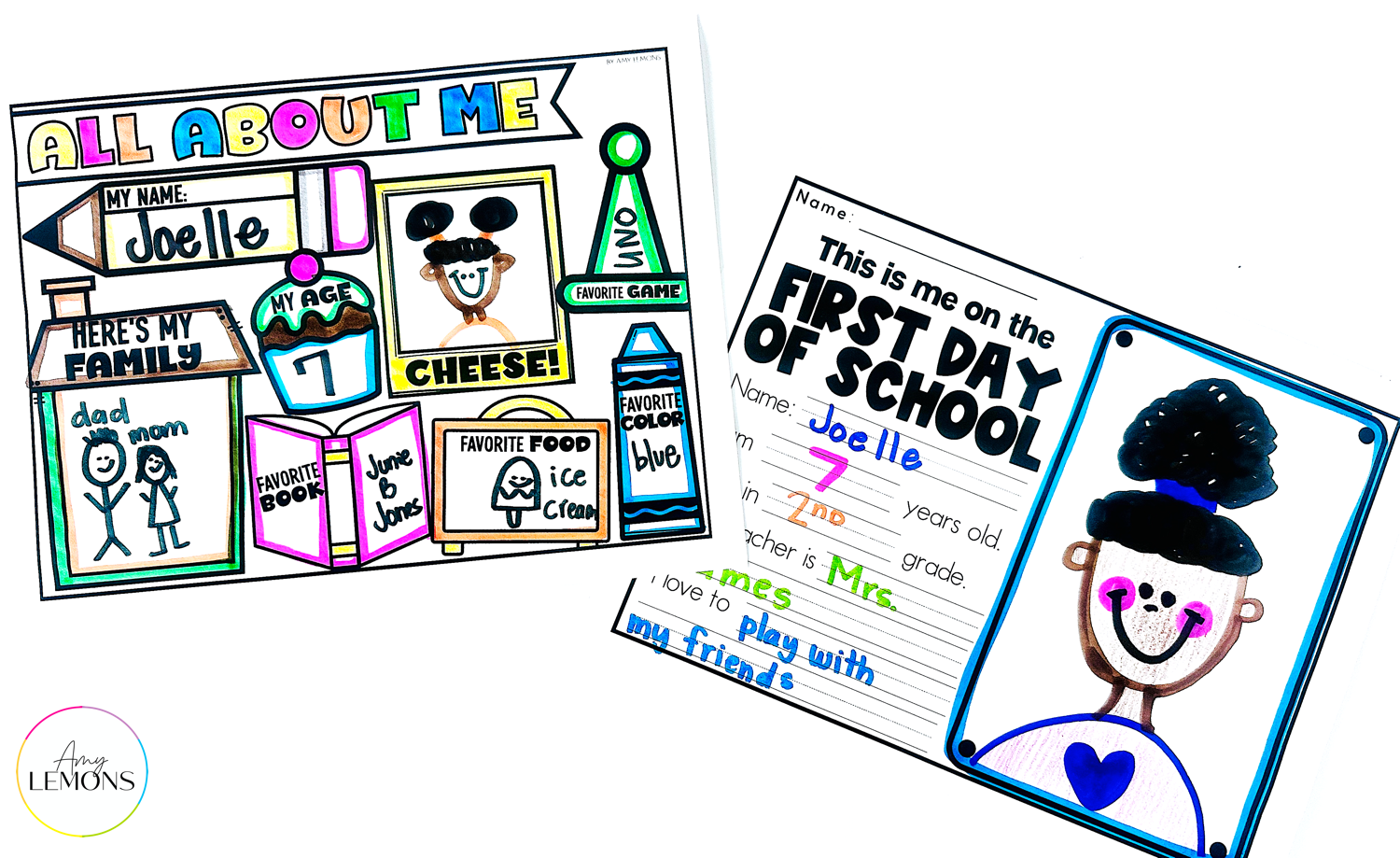 All about me printables or worksheets for the first day of school.