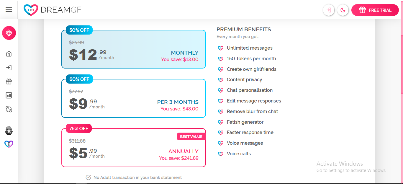 DreamGF pricing explained