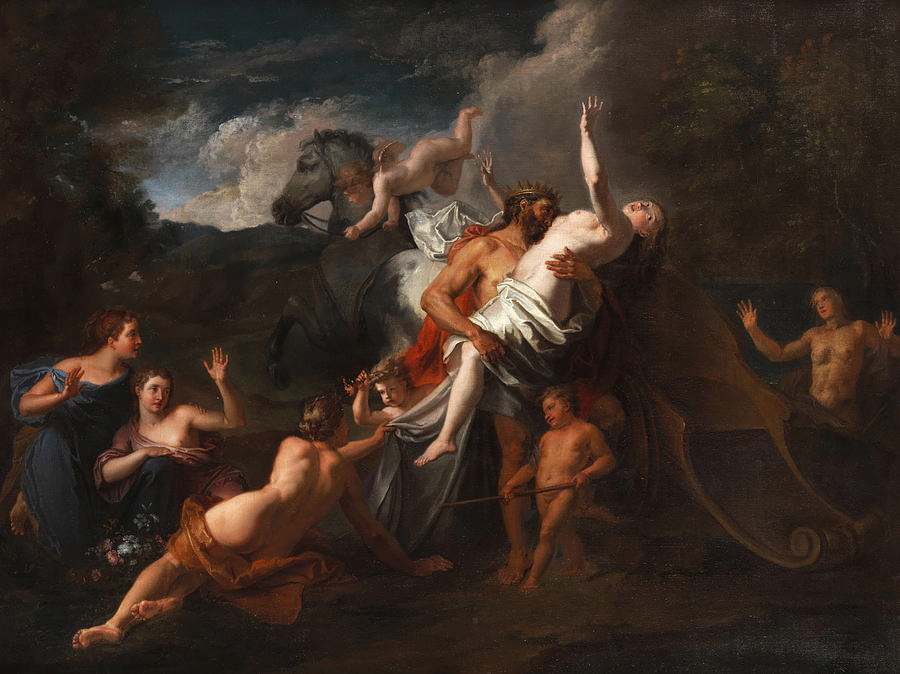 This work of art depicts The Rape of Proserpina; in the painting, Pluto has abducted Proserpina, and her handmaidens are reaching out for her. 