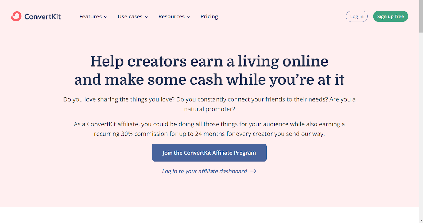 Screenshot from ConvertKit affiliate program landing page.