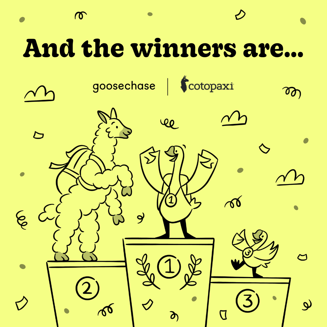 Illustration of a llama and two geese on a podium with 'And the winners are...' written in black type.