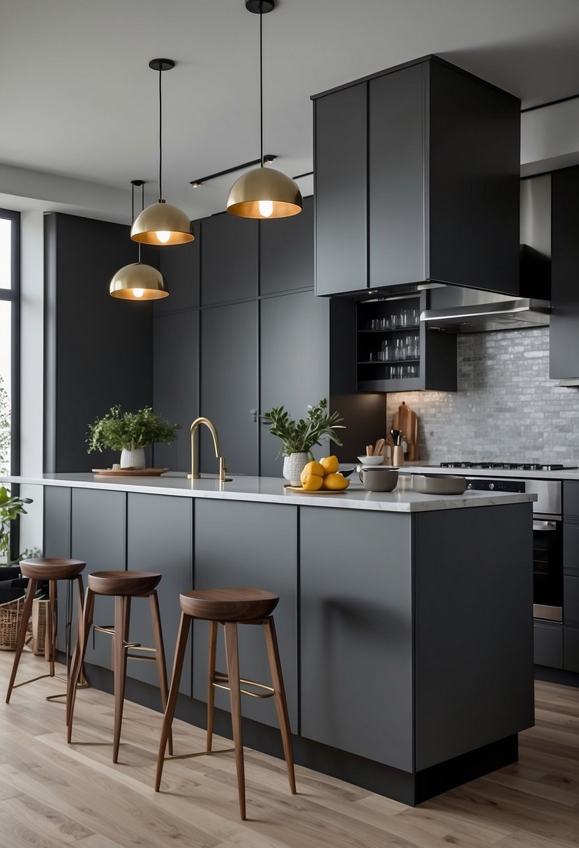 A sleek kitchen with 35 graphite gray cabinets arranged in a modern layout, creating a sophisticated and minimalist ambiance