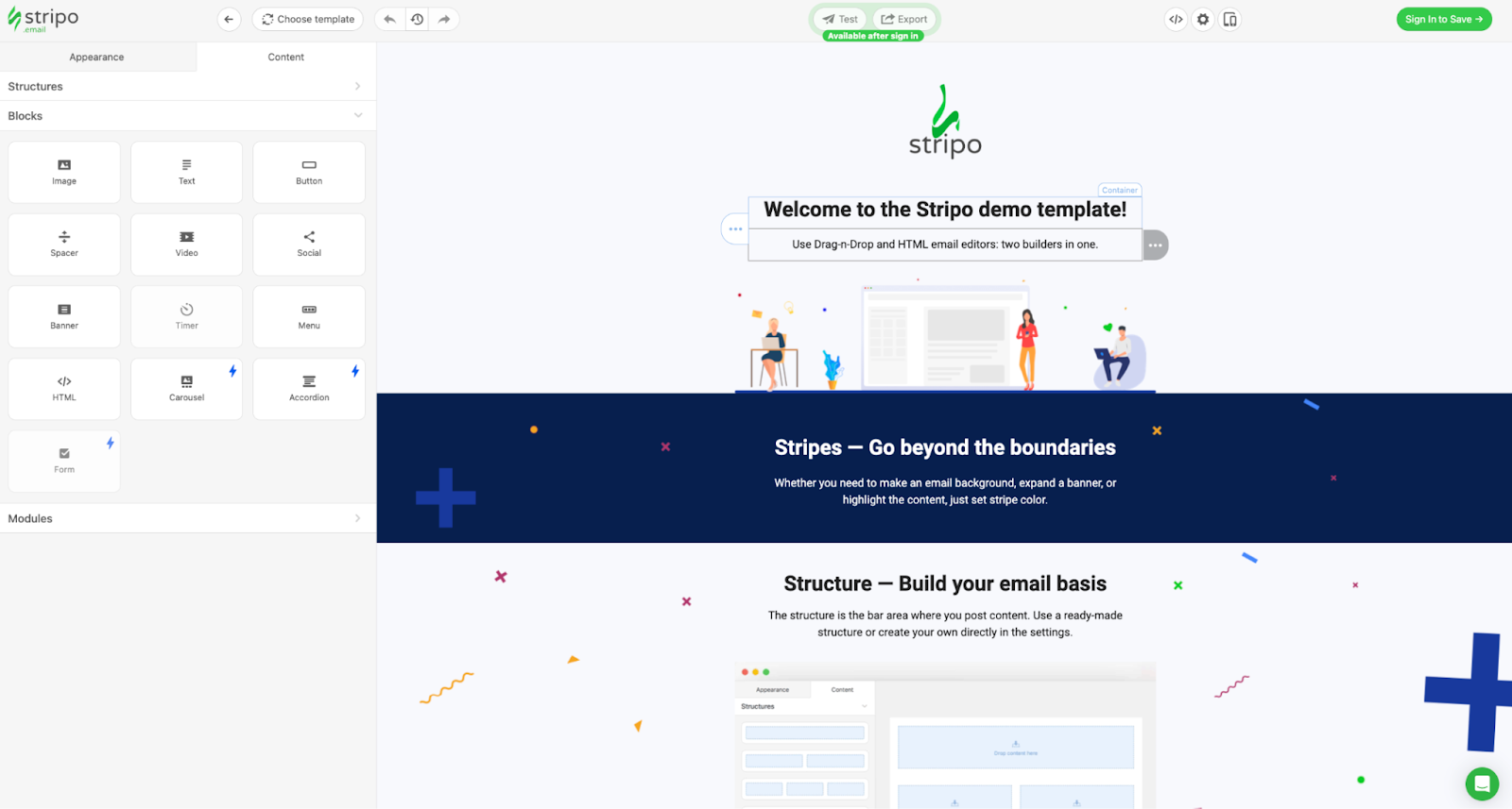 Stripo drag and drop email builder