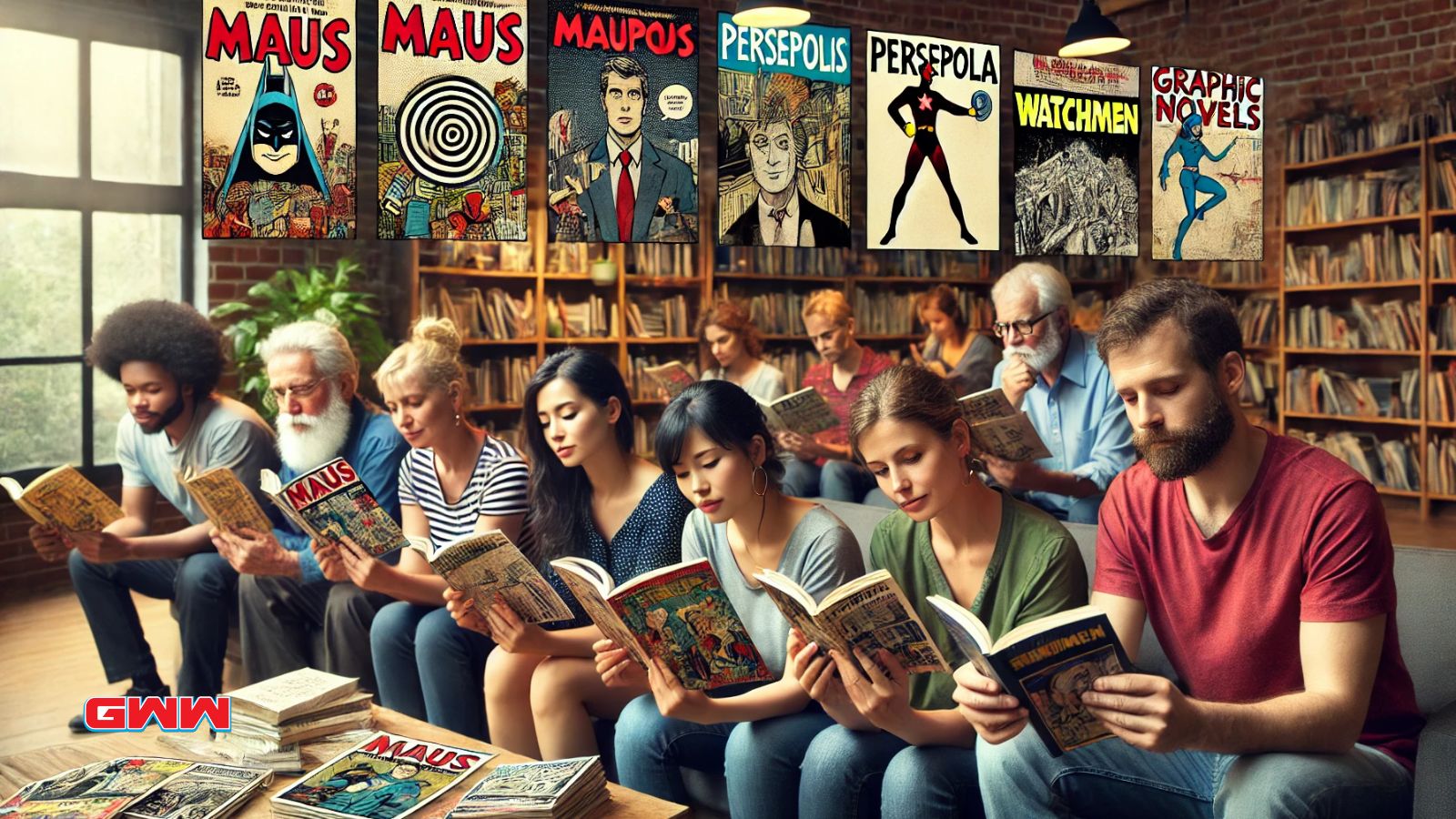 Diverse group reading graphic novels in a library, Graphic novels for adults