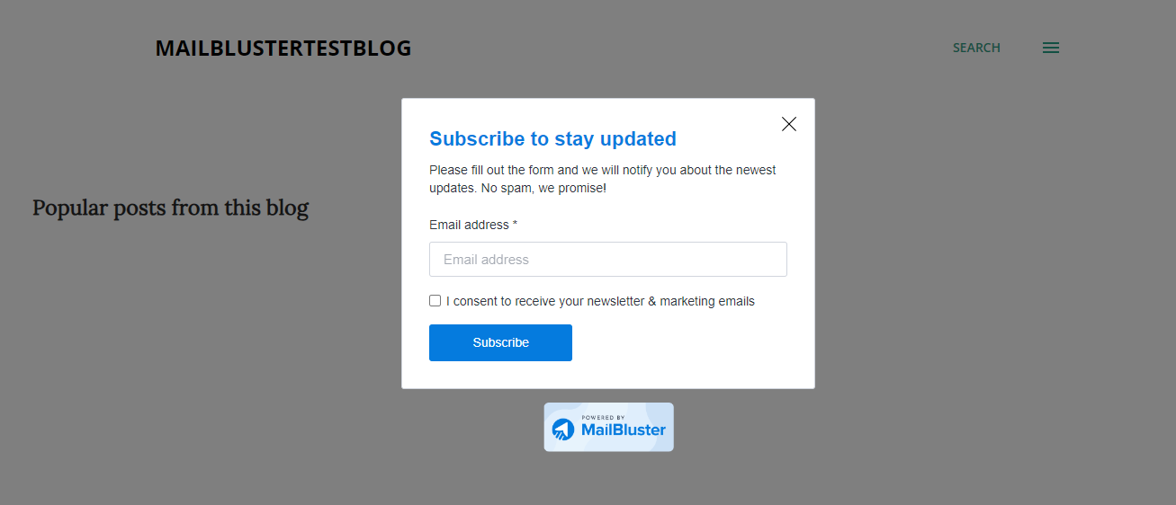 MailBluster’s Popup form on a website