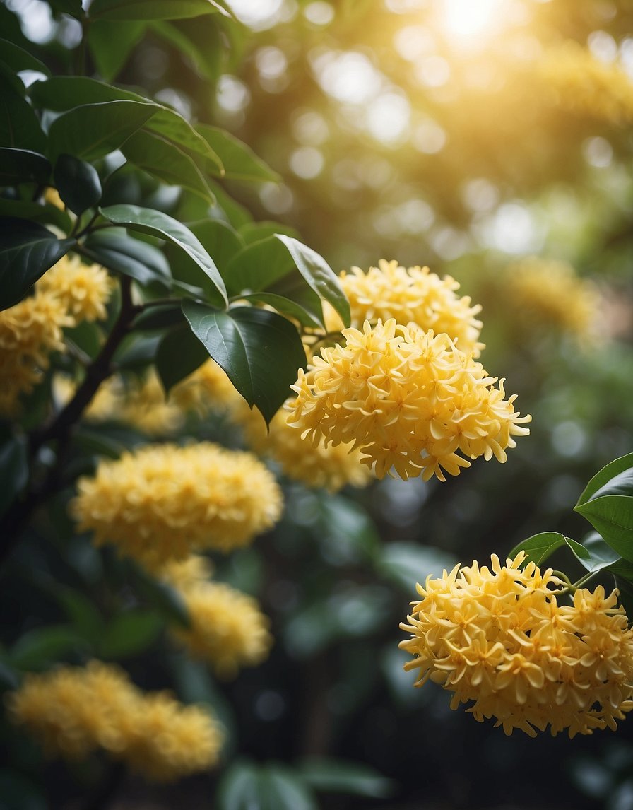 A garden filled with vibrant osmanthus plants, emitting a sweet, floral fragrance, surrounded by lush greenery