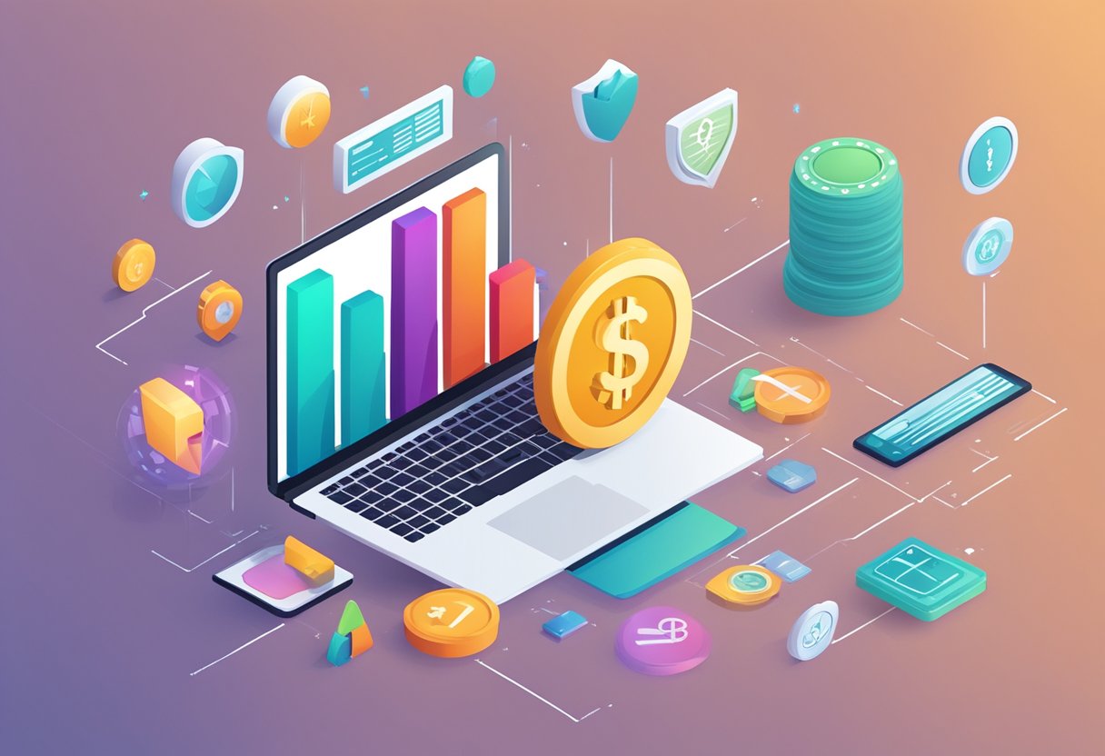 A laptop displaying a bar graph of sales data with a dollar sign symbolizing compensation, surrounded by icons representing benefits like healthcare and retirement