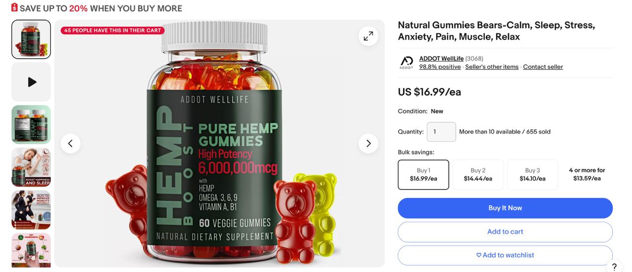 produk cara mengatasi serangan panik atau yang berkaitan anxiety yang laris di laman eBay USA sejak 30 hari lalu

1. Natural Gummies Bears-Calm, Sleep, Stress, Anxiety, Pain, Muscle, Relax