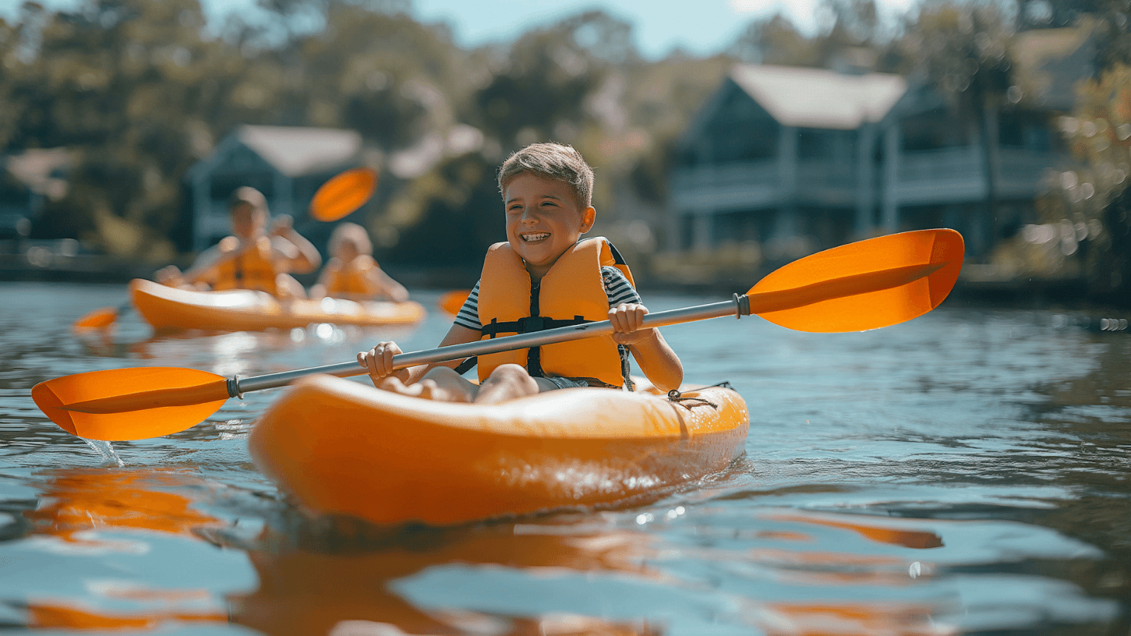 A boy kayaking in the Palmetto Dunes lagoon, one of the things to do in summer in Palmetto Dunes.