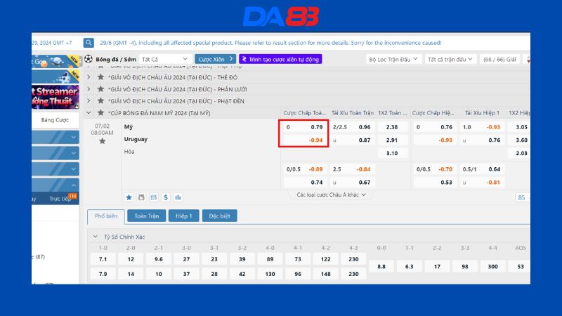 Tỷ lệ Odds Malay được nhà cái DA sử dụng