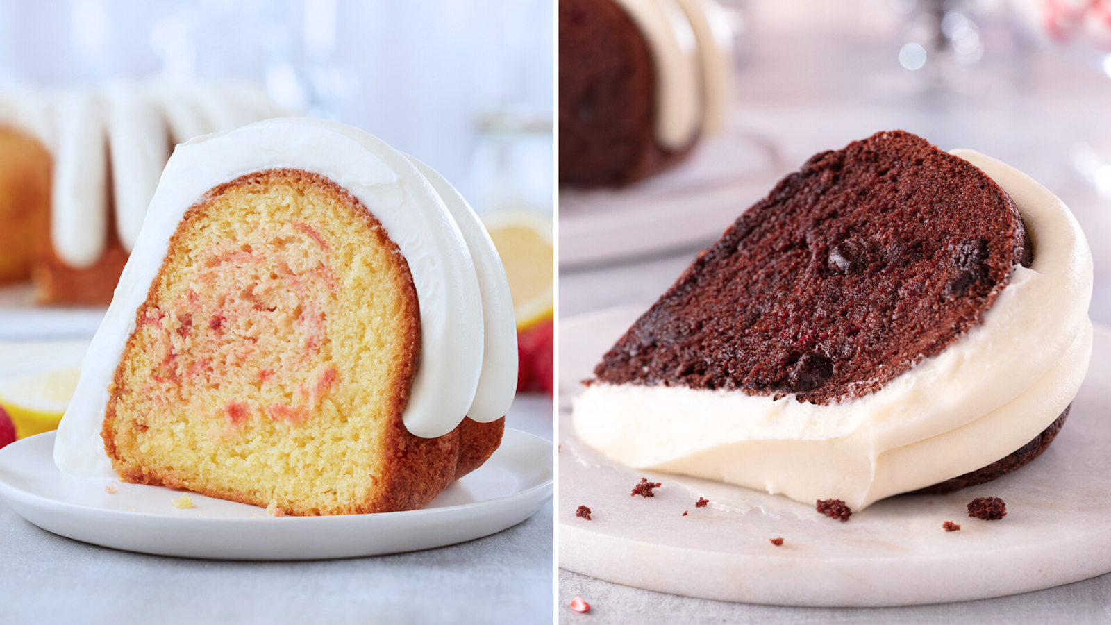 A slice of strawberry cake and a slice of chocolate cake from Nothing Bundt Cakes.