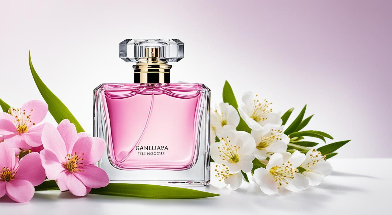 Create an image of a luxurious fragrance surrounded by delicate, blooming flowers. The fragrance bottle should be shimmering in the light, with a soft haze surrounding it. The flowers should be vivid and vibrant, with each delicate petal perfectly depicted. Show the fragrance bottle as the focal point, with the flowers surrounding it adding to the sensorial experience.