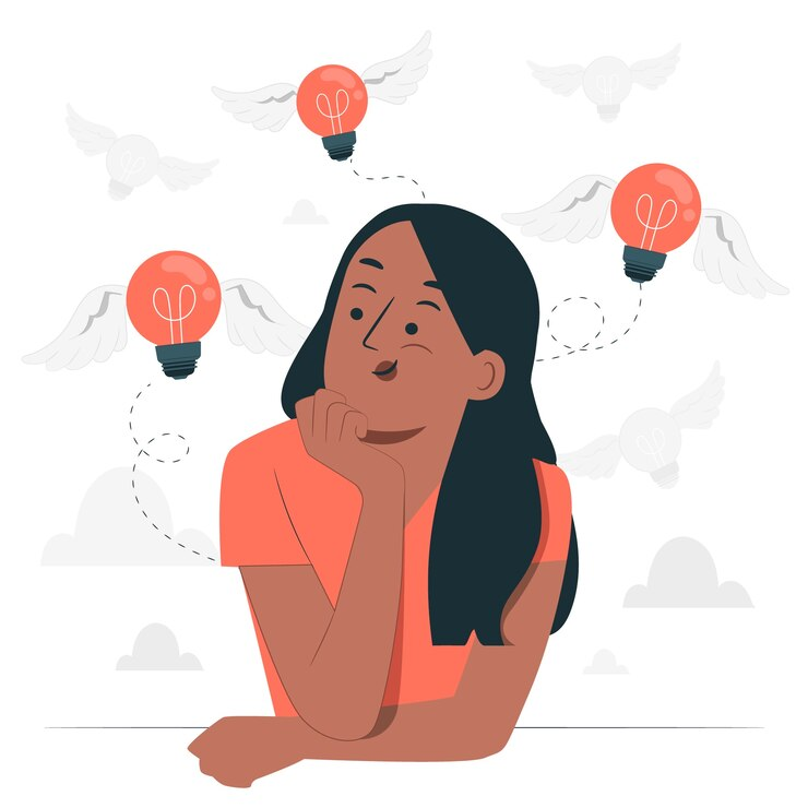 Graphic of a woman with floating lightbulbs around her