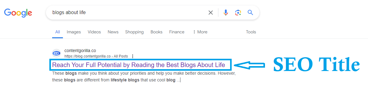 Google search engine showing an SEO title