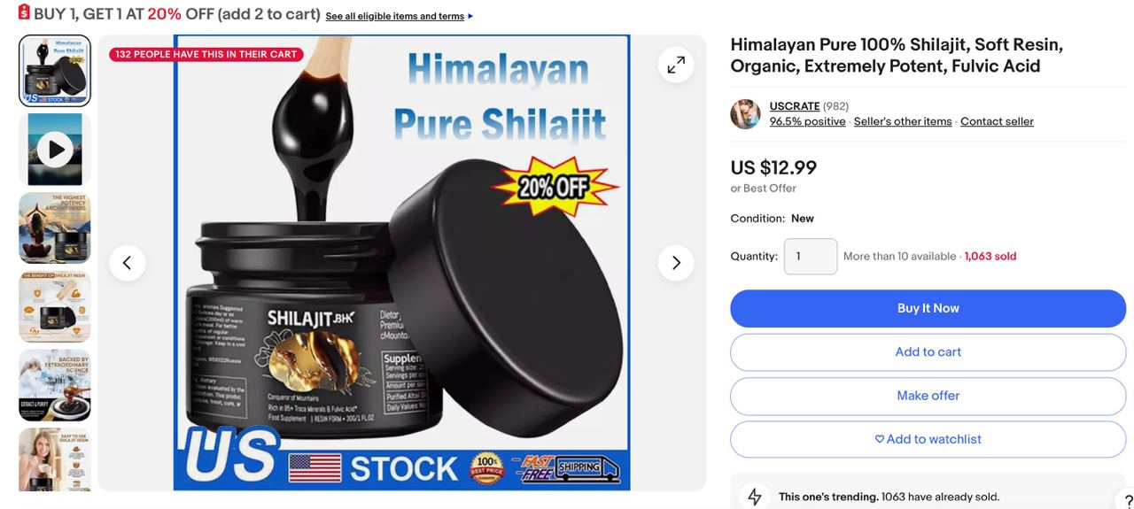 210 unit item Natural Shilajit resin terjual USD 12.99 @ RM61.03 sen per item atau sama dengan hasil sebanyak 210x61.03= RM12,816.30 sen 