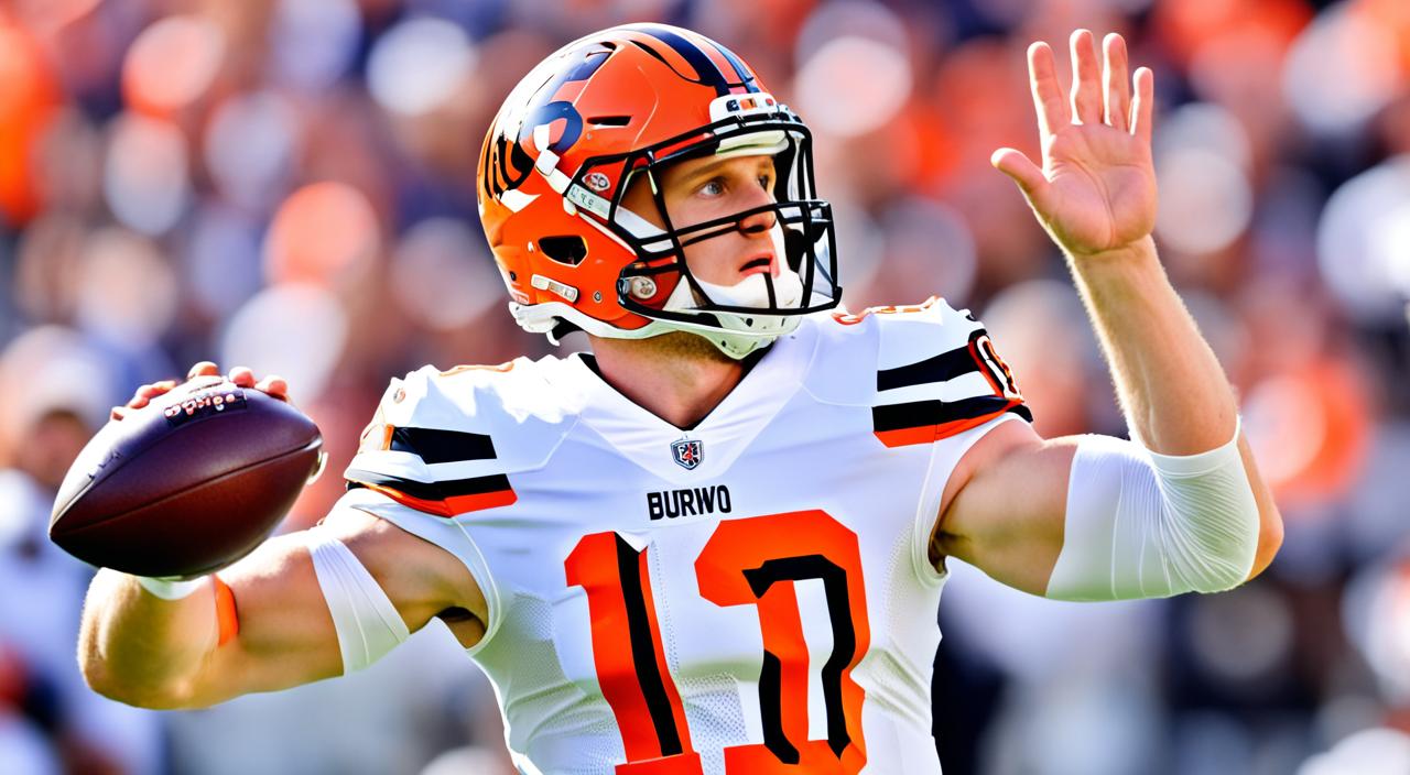 Create an image of Joe Burrow midway through his NFL journey. Show him in action on the field, with his arm outstretched as he prepares to throw a pass. He should be wearing his Cincinnati Bengals uniform, with his number 9 clearly visible on his jersey. The background should be blurred to focus on Burrow, and there should be a sense of movement and intensity in the image. Use bold, vibrant colors to emphasize his energy and athleticism.