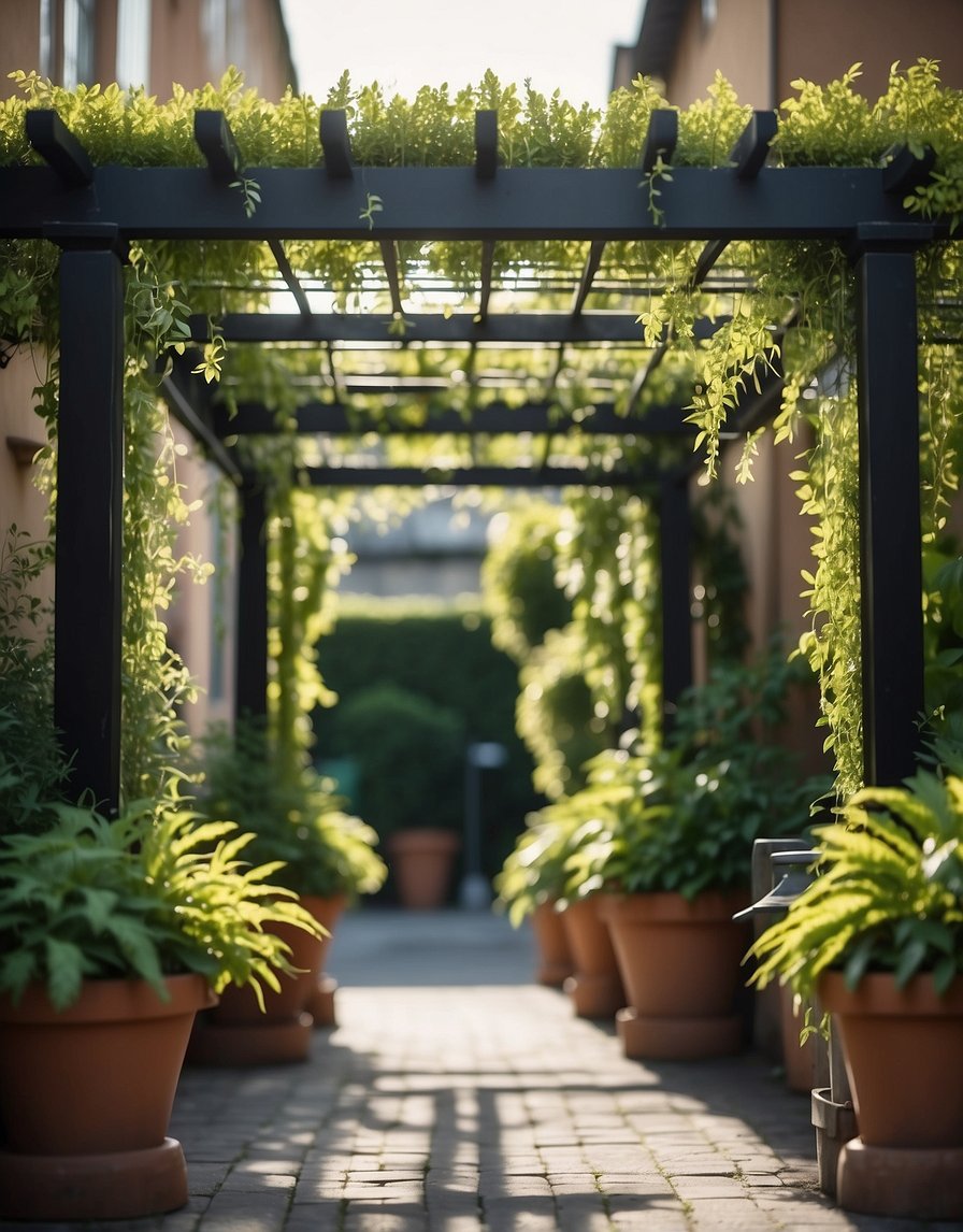 A pergola stands adorned with lush hanging plants, creating a serene and inviting outdoor space