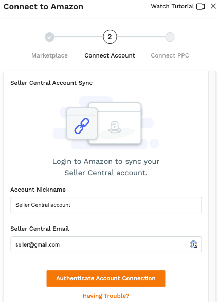 Enter a nickname for your account to differentiate it from others, provide your Seller Central email, and click the Authenticate Account Connection button. 