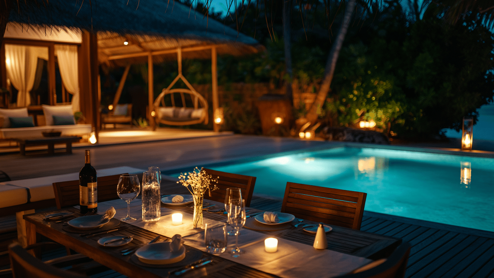 An elegant dining setup by the pool at a luxury vacation rental in the Maldives