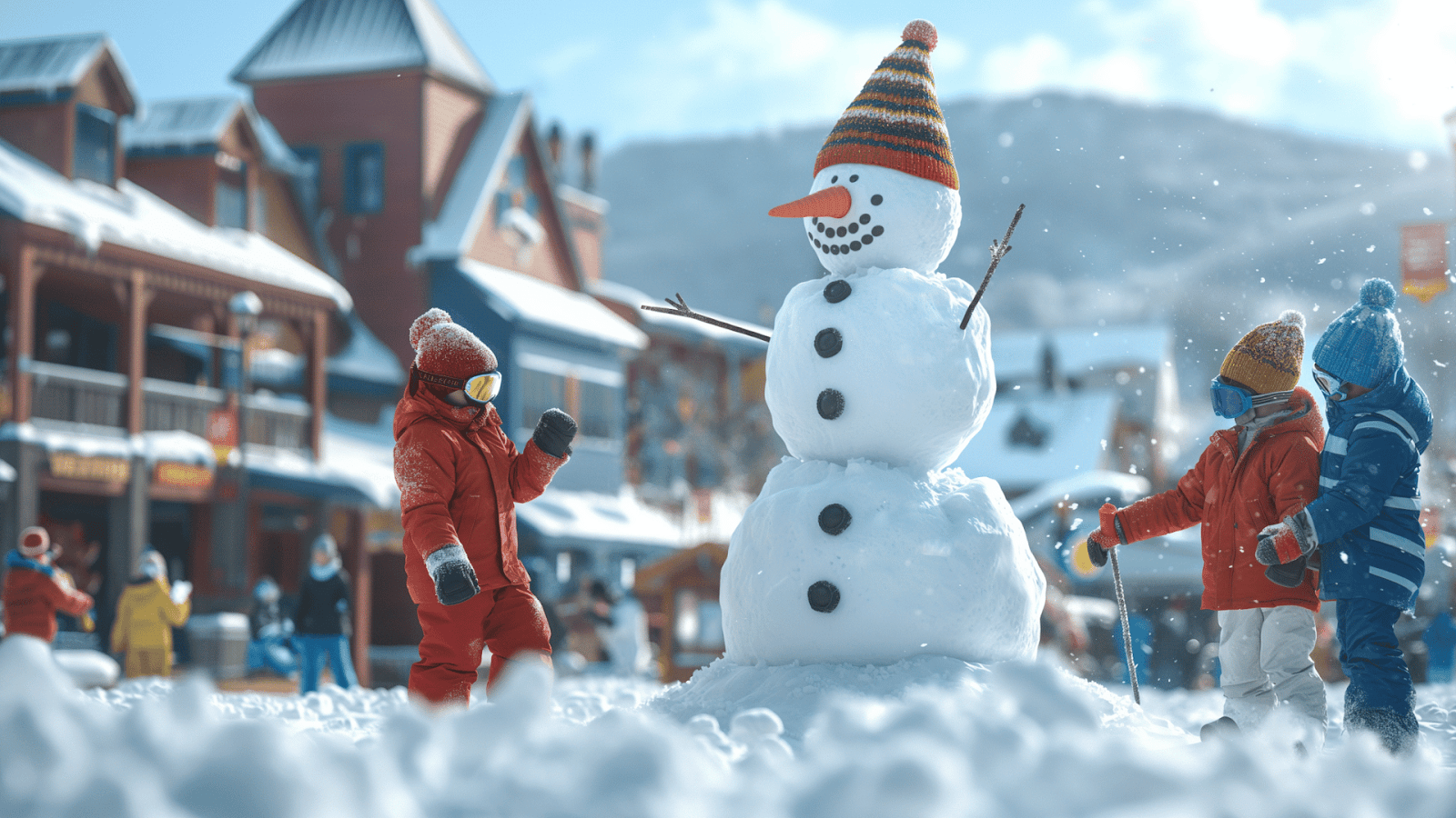 Youngsters having fun while building a snowman at West Mountain Ski Resort