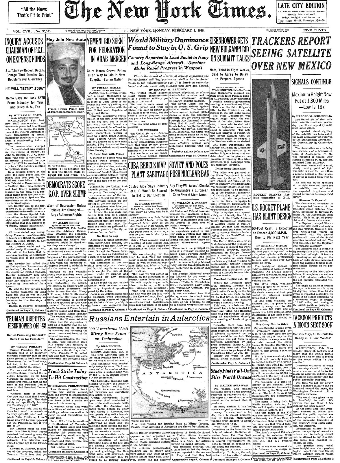 Monday, February 3, 1958 – The New York Times Front Page