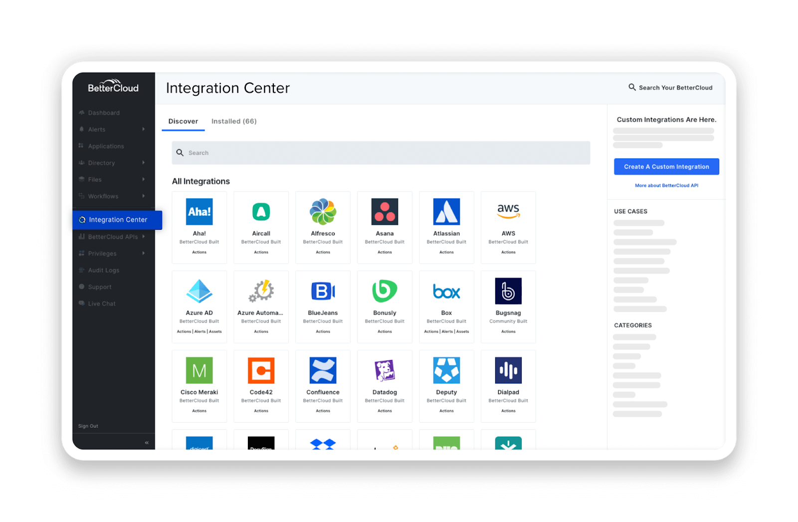 Screenshot of BetterCloud's integration center.